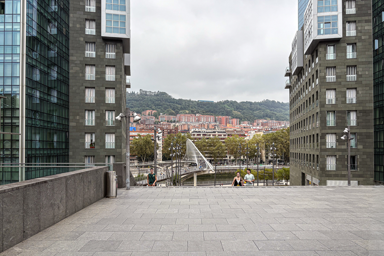 Uno scorcio di Bilbao con, sullo sfondo, il Ponte Zubizuri o, comunemente, il Ponte di Calatrava