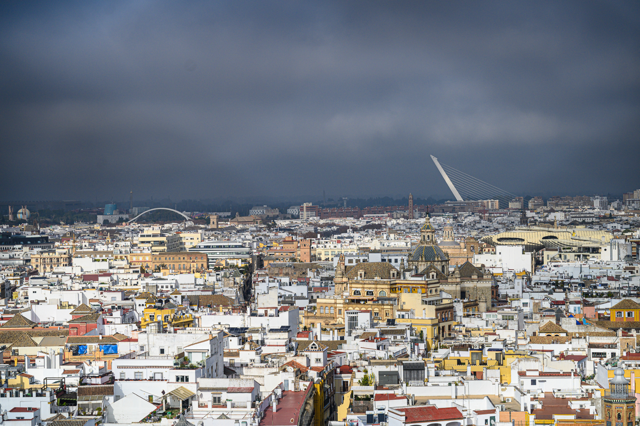 Una panoramica scattata dalla sommit&agrave; della Giralda, in evidenza il Ponte dell'Alamillo (Caltrava)
